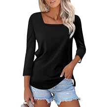 3/4 Length Sleeve Tops Women,Elbow Sleeve Workout Shirts Plain Basic Casual Blouse Square Neck Tunic Top Fall 2024