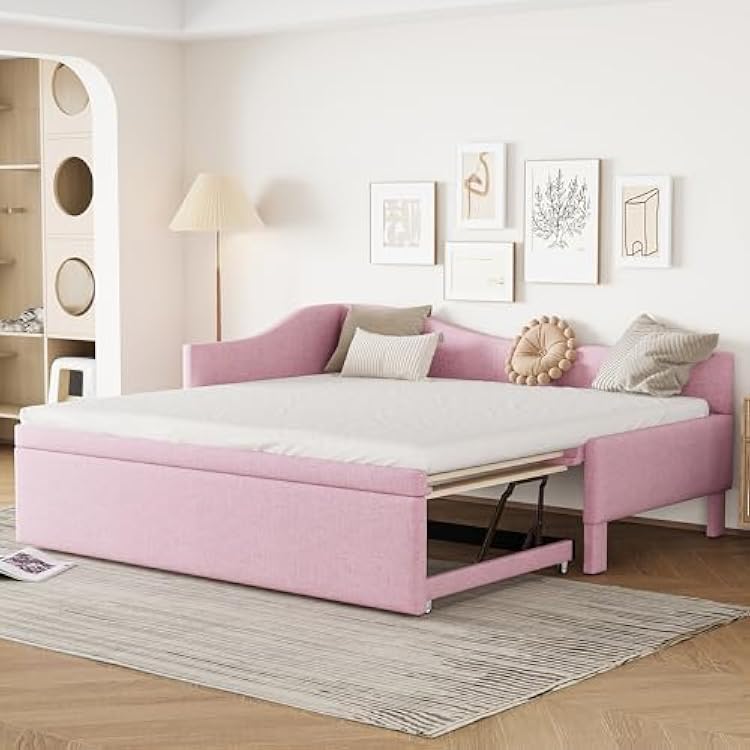 Twin Upholstered L-Shaped Daybed with Pop-Up Trundle - Space-Saving Lounge Bed with Backrest, Modern Sleeper Sofa for Studio Apartments & Guest Rooms Pink