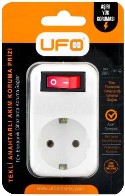 UFO Tekli Akım Korumalı Anahtarlı Priz 16A 250V, Max 3500W Aşırı Yük Koruması (Beyaz)
