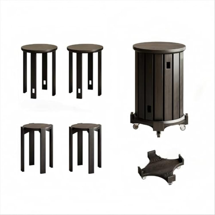 5-in-1 Wooden Side Table Set with Rolling Storage, Round Side Tables and Stools, Walnut Brown, 38 x 54.4 inches Premium Black