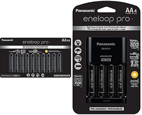 Eneloop Panasonic Pro Ni-MH AA Batteries BK-3HCCA16FA 16pk & 4-Cell Battery Charger Pack w/ 4 Ni-MH AA Batteries Black