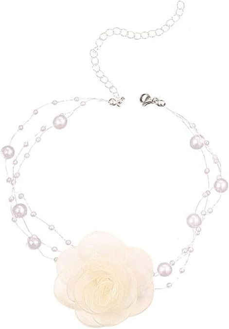 Rose Flower Pearl Choker Necklace Boho Layered White Black Artificial Lace Camellia Flowers Floral Rosette Fabric Fairy Collar Necklace for Women Wedding Bridal Prom Party Christmas Trendy Jewelry Gifts