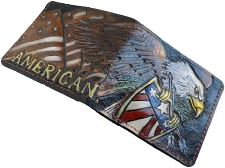 American Flag Bald Eagle Leather Wallet for Men Patriotic USA Military Design RFID Genuine Leather Bifold Biker Wallet, Embossed, Carved, Tooled &