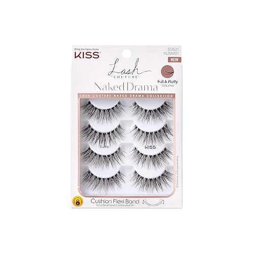 KISS Lash Couture Naked Drama Collection False Eyelashes Multipack 01 with Cushion Flexi Band, Style Ruffle, Full & Fluffy Volume, 4 Pairs Fake Eyelashes
