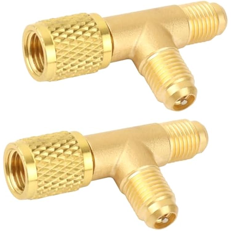 Quick Coupler Access Tee, 14 Inch SAE Valves Core Tee Adapter Brass Refrigerant for R22 R12 R134 Gauge Deep Vacuum Pump Manifold Air Conditioning Parts - 2 Pcs
