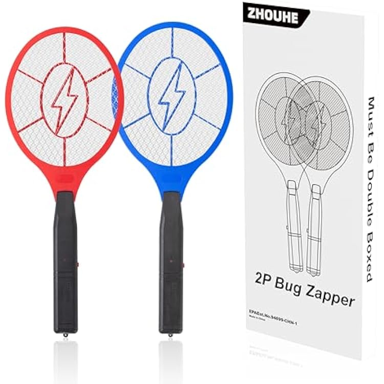 Electric Fly Swatter 2 Pack Red & Blue, Battery Powered Bug Zapper Racket for Mosquitoes & Flies, Safe Protective Mesh, Indoor & Outdoor Use, Batteries Not Included