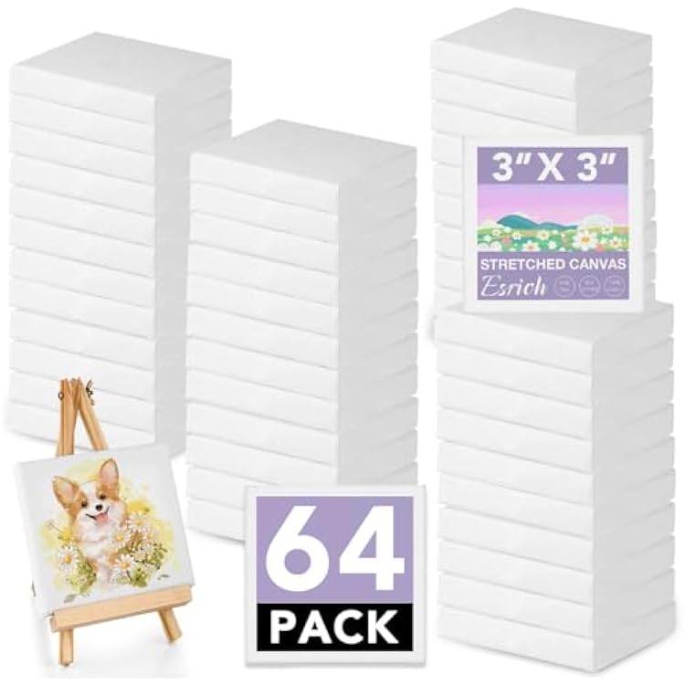 ESRICH Mini Canvases for Painting, 3x3IN Canvas in Bulk 64Pack, 25In Profile Small Square Canvas, Blank Canvases are Great for School Projects and Kids Birthday Parties, Home Decor Project.