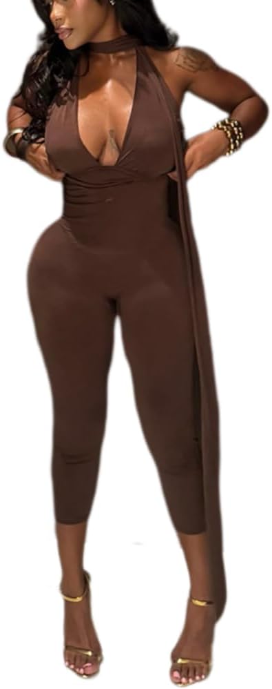 ksotutm Sexy Bodycon Halter Deep V Neck Backless Long Jumpsuits Romper Slim Casual Workout Club Pants One Piece Outfits