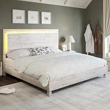 AMERLIFE Wood King Bed Frame with 47" Headboard, Rustic Platform Bed with LED Lights, Mattress Foundation with Wooden Slats Support, No Box Spring Needed/Noise Free, Distressed White