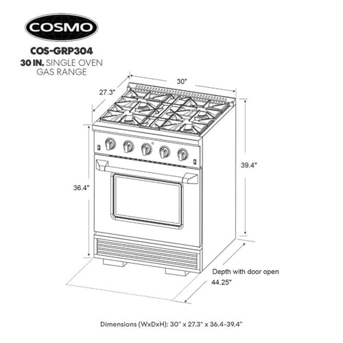 Cosmo 30 in. Vista Collection 3.5 cu. ft. Gas Range, 4 Burners, Convection Oven, LED Light Panel, in Modern Stainless Steel COS-GRP304