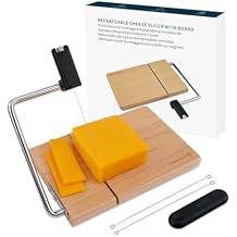 KITCHENDAO Replaceable Wire Cheese Slicer with Board, Tightness Adjustable Cheese Slicer, Marble Cheese Cutter for Block Cheese, Easy to Replace, with 2 Extra Upgrade Strong Wires