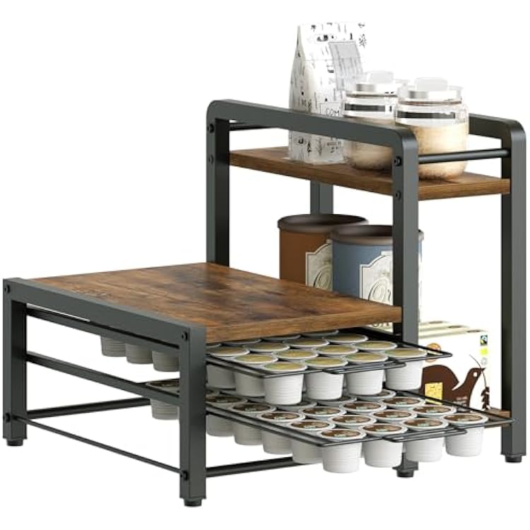 Coffee Pod Drawer Holder, Holder for K Cup, Coffee Pod Organizer with 2-Tier Sliding Storage Drawer and Countertop, 56 Pods Capacity, Rustic Brown and Black KH01BR
