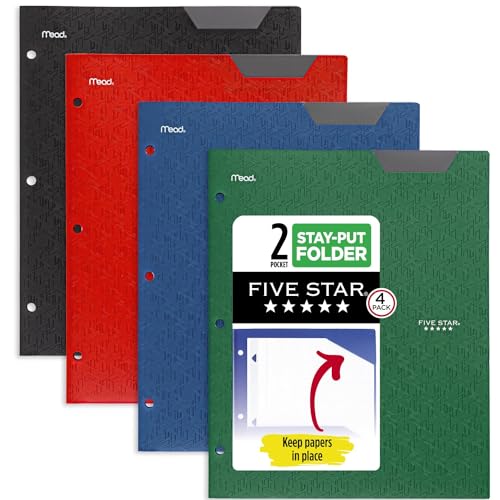 Five Star 2-Pocket Folder, 4 Pack, Plastic Folder with Stay-Put Tabs and Prong Fasteners, Fits 3-Ring Binder, Holds 8-12 x 11 Paper, Black, Fire Red, Forest Green, Pacific Blue 38049