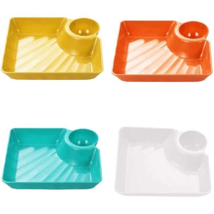 4pcs Dumpling Plate,Plastic Plates with Dipping Saucer,Dumpling Plates with Sauce Compartment for Party Chips,Sushi, Dumpling, Snack4 Colors