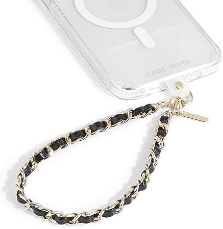 Case-Mate Phone Charm - Detachable Anti Theft Strap - Hands-Free iPhone Wrist Strap for Women - Phone Chain Wristlet - Fits Galaxy, Pixel and More - Gold Chain  Black Leather