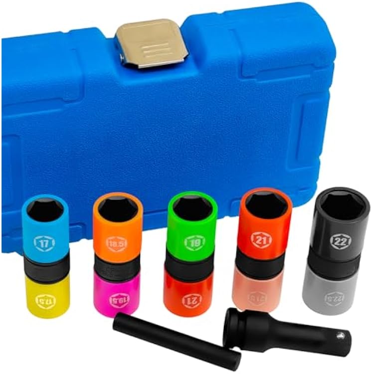 7PCS 10 Size 12 Drive Impact Flip Hex Socket Set, Lug Nut Socket Set, Non-Marring Thin Wall Wheel Nut Socket with 80mm Knockout Bar, Lug Nut Removal Tool