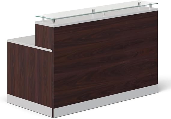 NBF Reception Desk Glass Top Front Counter for Office Lobby Salon Reception Area, 63" W x 32" D, Mahogany, Esquire Collection