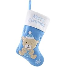 WEWILL 18 Babys First Christmas Stockings Felt Teddy Bear Embroidered White Cuff Xmas Stocking Gift Bag Home Holiday Decoration, Blue
