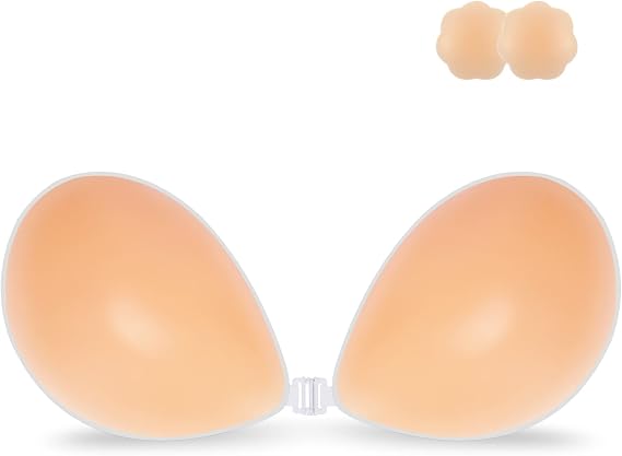 Niidor Adhesive Bra Sticky Push up Bra Silicone Bra for Backless Strapless Dress with Nipple Petals (E Cup) Creme