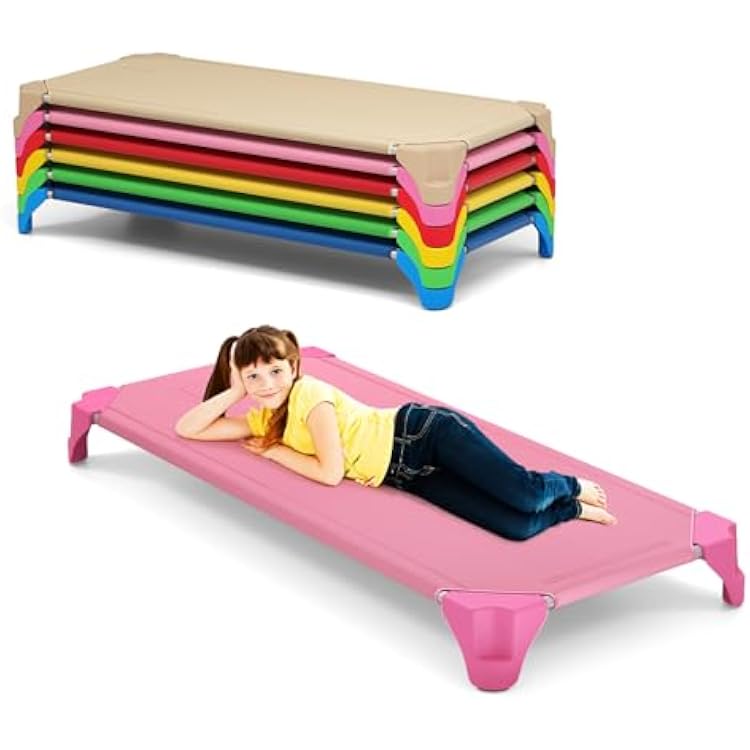 HONEY JOY 6 Pcs Stackable Daycare Cots for Kids, 52L x 23.5W Portable Nap Cots for Sleeping, Naptime, Preschool Toddler Cots, Easy Lift Bed, Ready-to-Assemble, Classroom, Nursery, Home Colorful