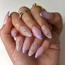 Purple French Tip Press on Nails Star Rhinestones Fake Nails With Design Glossy Medium Almond Artificial Stick on Nail Reusable Acrylic Glue on Nail for Women DIY Manicure