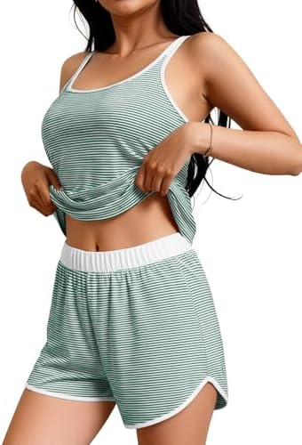 JUSTFASHIONNOW Womens Striped Tank Top Pajama Set 2 Piece Summer Cami and Shorts Pjs Set Comfy Sleeveless Sleepwear