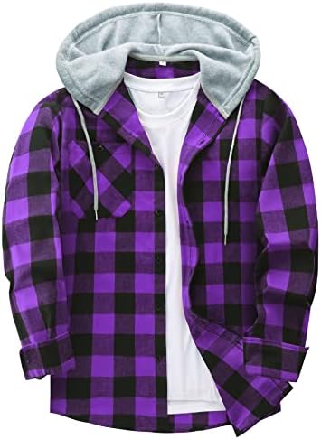 Hooded Flannel Shirt for Men Plaid Shirts Long Sleeve Flannel Jacket Button-Down Shirt Jacket with Hood