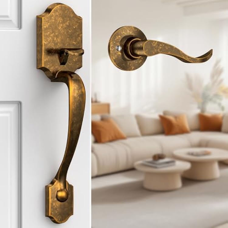 Brightify Vintage Brass Front Door Handle No Lock, Classic Exterior Door Handle, Entry Door Handle Reversible for Left & Right Hand Doors