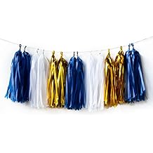 AIM & GGKK Navy Blue,Gold and White Tassel Garland Banner Tissue Paper Tassels for Party Suppiles Decorations,Wedding Decorations,Nursery Decor,Engagement,Football Party, DIY Kits(15PCS)