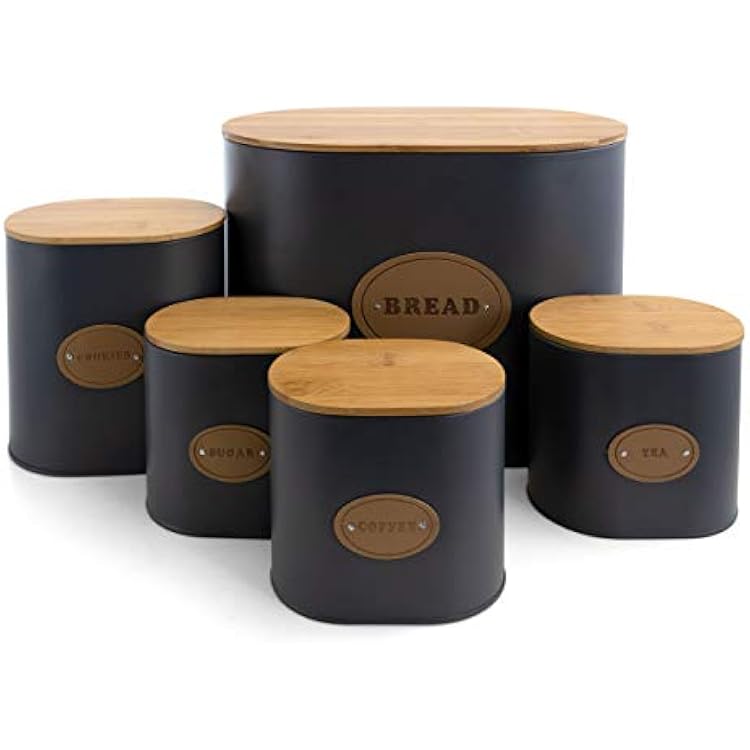 MegaChef Kitchen Food Storage and Organization 5 Piece Canister Set in Grey with Bamboo Lids