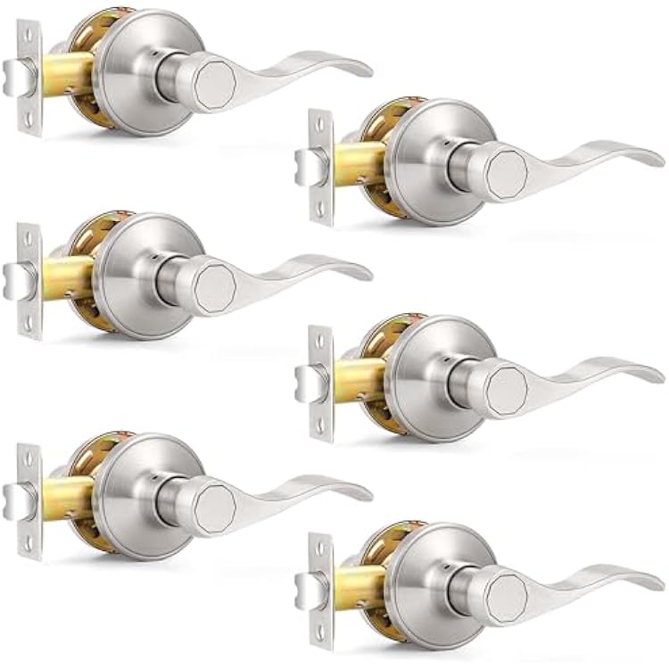Probrico Satin Nickel Passage Door Levers, Wave Style Handles Keyless Interior Leversets for Hallway and Closet, 6 Pack
