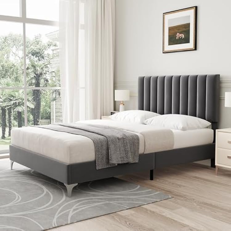 Amyove Queen Size Bed Frame with Adjustable Headboard, Velvet Upholstered Platform Bed Frame with Wooden Slats Support, No Box Spring Needed, Easy Assembly, Dark Grey Queen U.S. Standard