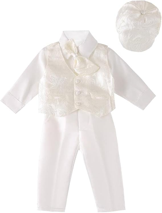 Dressy Daisy Infant Baby Boy Christening Baptism Outfit White Suit 5 Pieces Clothing Set with Bonnet Hat Size 3 to 24 Months