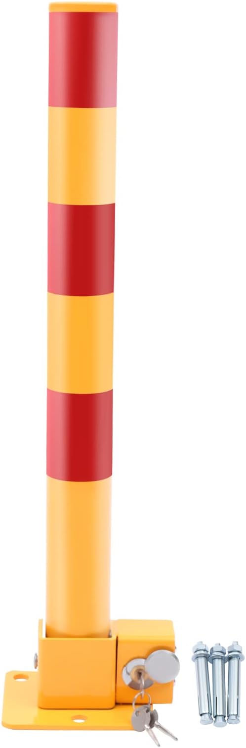 Spring Parking Post, Parking Barrier Parking Lock Folding Heavy Metal Parking Obstacle Pile with Warning Stripes, Parking Piles,Driveway Parking Interceptor Bollard (Red and Yellow)