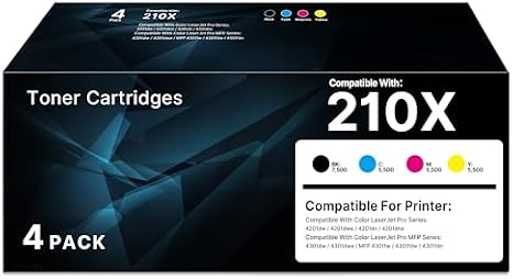 Compatible for HP 210X Toner Cartridges 4 Pack for HP 4301fdw 4301fdn 210X | 210X Toner Cartridges 4 Pack Compatible for HP Color Laser Jet Pro Mfp 4301Fdw 4301Fdn 4301dw Pro 4201Dn 4201Dw Printer