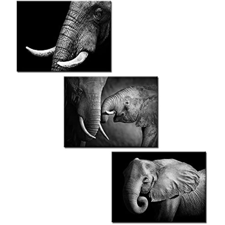 KREATIVE ARTS - Black and White Elephant Canvas Wall Art Decor Animal Painting Prints Artwork for Living Room Office Decor Giclee Canvas Prints Ready to Hang 12x16inchx3pcsset