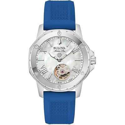 Bulova Marine Star Ladies Automatic Watch, White Mother of Pearl Dial, Blue Silicone Strap, 35mm Case, 100m Water Resistant