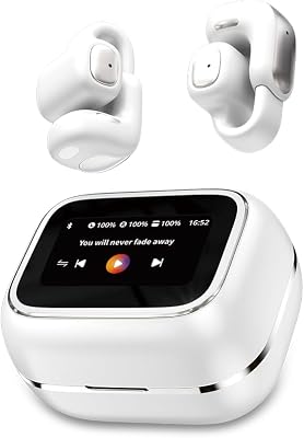 Micool Touch Screen Ear Clips Headphones Bluetooth 5.4, Open Ear Earbuds Wlreless with 25H Playtime, TF Card Clip On Bluetooth Earphones with Full-Color Display White