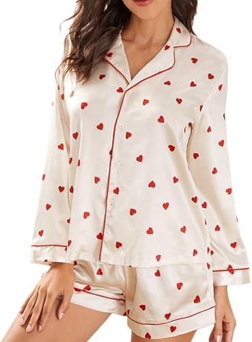Womens Bow Tie Pajamas Shorts Holiday Pjs Set Long Sleeve Button Up Shirt Ruffle Shorts 2 Piece Sleepwear Jammies