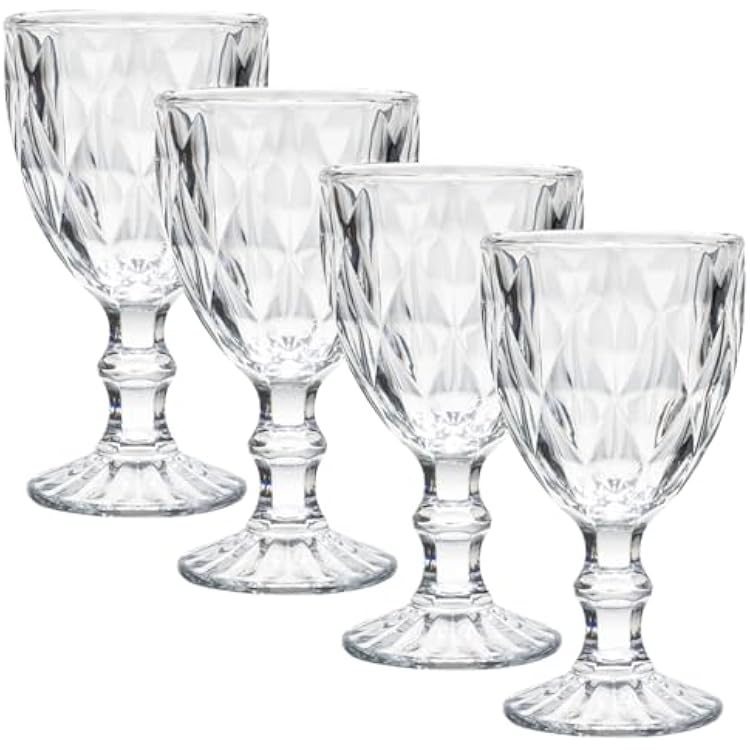 Beille Set of 4 Clear Carved Goblet Water Glasses Home Decor Entertaining Essentials Glassware, 10oz