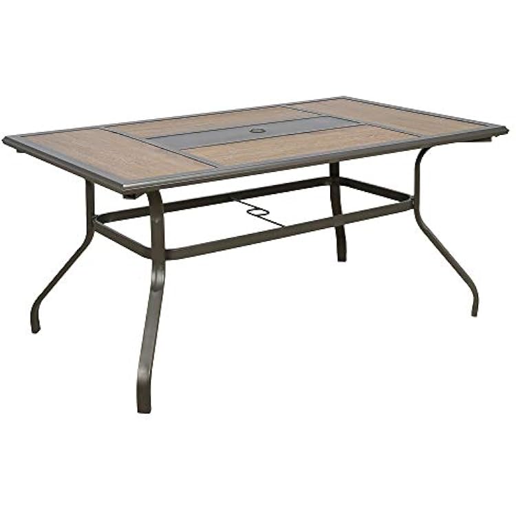 Outdoor Dining Table with Wooden-Like Top Patio Rectangular Heavy-Duty Steel Frame Garden Table with Umbrella Hole
