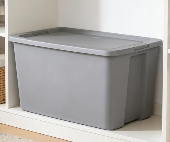Gray 30 Gallon Extra-Large Storage Bin, Durable Plastic Storage Container with Snap-On Lid, Sturdy and durable, suitable for bedroom storage and warehouse storage.
