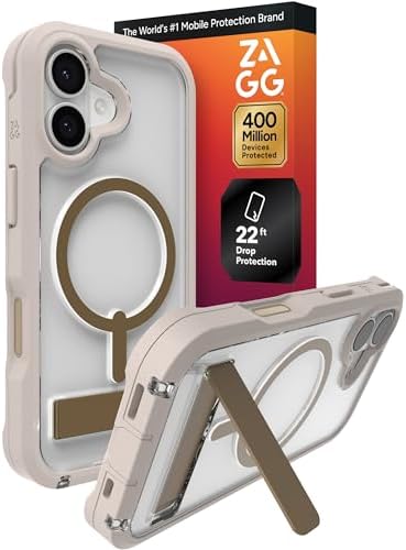 ZAGG Rainier Case with Kickstand for iPhone 17 - Gray Sandstone, Graphene 22ft 7m Drop Protection, Lanyard Attach Points, MagSafe, Wireless Charging Compatible, 2-Piece Design, Phone Case