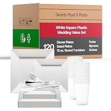 Standard Square Disposable Plastic Dinnerware Party Package, Dinner Plates, Salad/Dessert Plates, Cutlery, Tumblers (120 Person Package, White)