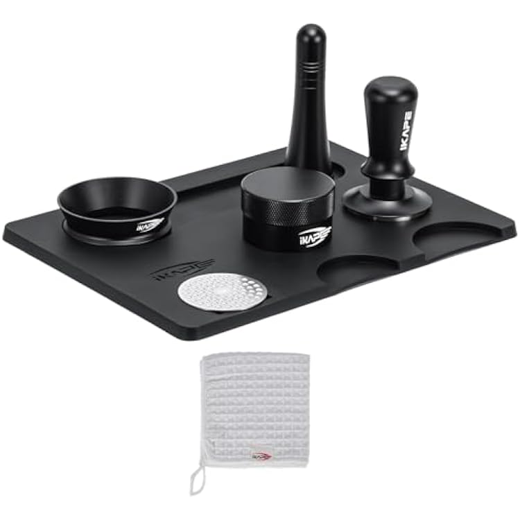 IKAPE 53.3MM Espresso Tamper Kit 7 IN 1 Black, Espresso Accessories Kit Featuring Coffee Tamper, Distributor, WDT Tool, Magnetic Dosing Funnel, Silicone Mat, Puck Screen, Cleaning Towel