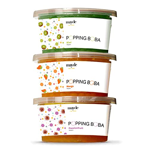 Mayde 3-Flavor Popping Boba Pearls Tropical Fruits Party Kit - Kiwi, Mango,Passionfruit 3-Pack, 490 Grams