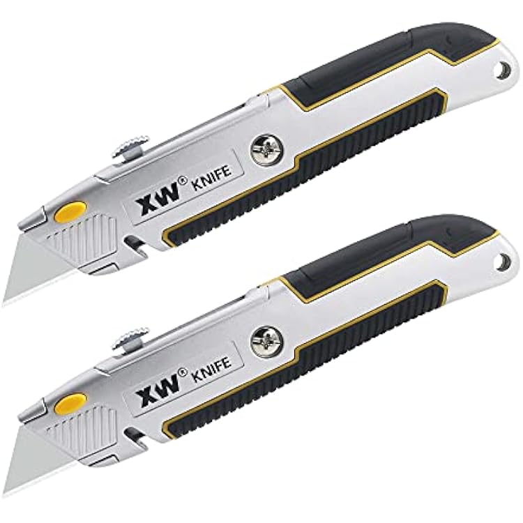 XW Retractable Utility Knife, Heavy Duty Zinc Alloy Box Cutter with Total 10 PCS Blades, 2-Pack