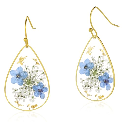 Handmade Forget-Me-Not and Queen Annes Lace Pressed Wildflower Earrings Pressed Flower Teardrop Earrings Unique Resin Drop Dangle Earrings Pressed Flower Teardrop Earrings Dry Flower