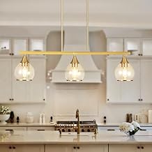 Island Light for Kitchen, 3-Light Gold Kitchen Island Linear Hanging Pendant Chandeliers, Brushed Gold Dining Room Light Fixture Over Table with Clear Round Glass Shades