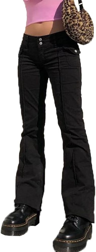 HBER Stretch Low Rise Flare Pants for Women Teen Girl Y2k Streetwear | Bell Bottom Slim Fit Black Cargo Pants, Low Waist Flare Wide Leg Bootcut Leggings 90s Juniors Jeans